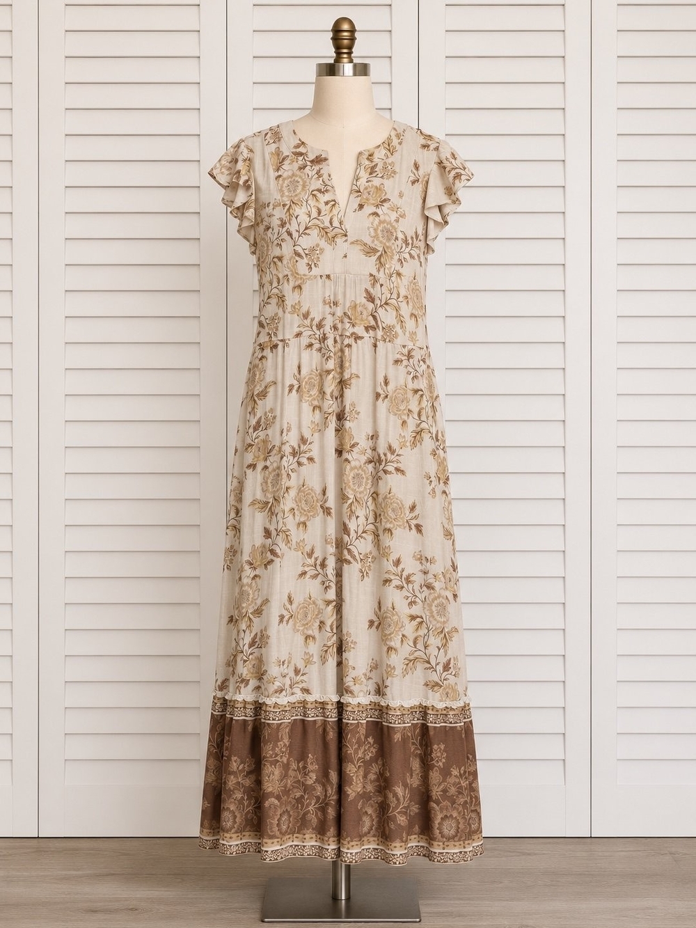 Lucky Brand Cream Maxi Dress with Brown Floral Print